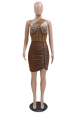 Red Sexy Patchwork Hot Drilling Backless Oblique Collar Sleeveless Dress Dresses