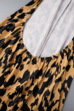 Leopard Print Casual Print Bandage Backless Halter Regular Jumpsuits