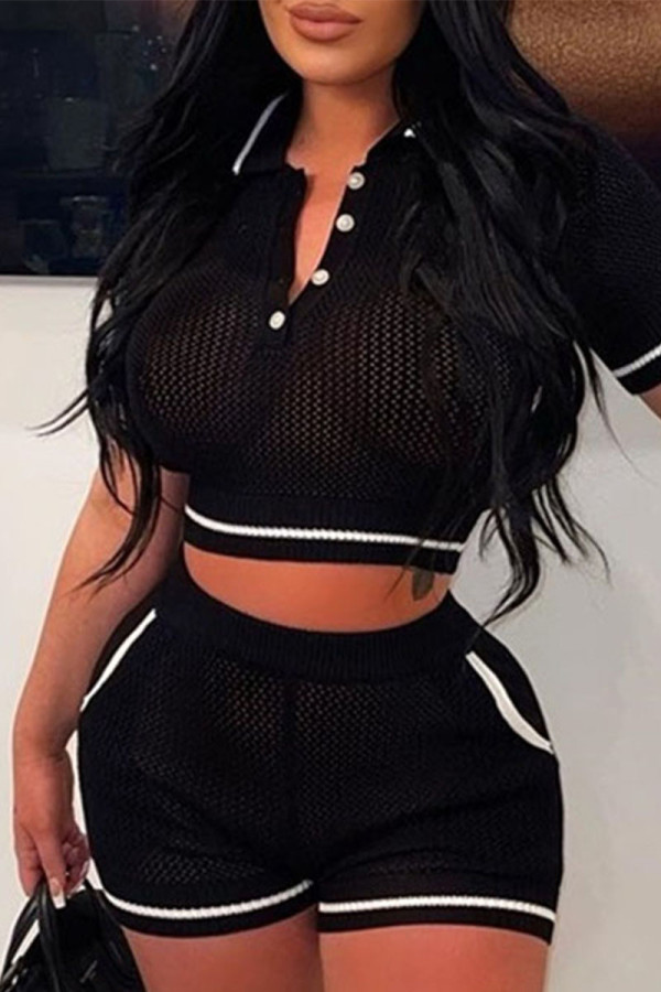 Black Sportswear Solid Hollowed Out Pocket Buttons Turndown Collar Short Sleeve Two Pieces