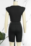 Black Casual Solid Basic O Neck Sleeveless Two Pieces