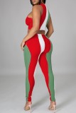 Multicolor Casual Patchwork Contrast O Neck Sleeveless Two Pieces