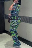 Green Casual Print Patchwork O Neck Short Sleeve Two Pieces