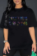 Black Casual Vintage Print Patchwork Letter O Neck T-Shirts