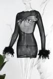 Black Sexy Butterfly Patchwork See-through Backless O Neck Long Sleeve Dresses