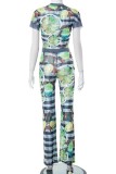 Green Casual Print Patchwork O Neck Short Sleeve Two Pieces