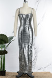 Silver Sexy Solid Backless Spaghetti Strap Long Dress Dresses
