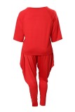 Red Casual Solid Basic O Neck Plus Size Two Pieces