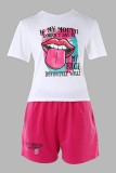 Fluorescent Color Casual Print Basic O Neck Short Sleeve Two Pieces