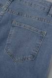 Light Blue Casual Solid Hollowed Out Beading Mid Waist Skinny Denim Jeans