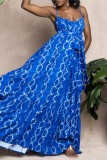 Blue Sexy Casual Print Backless Spaghetti Strap Long Dress Dresses
