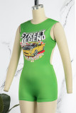 Green Casual Print Backless O Neck Skinny Romper