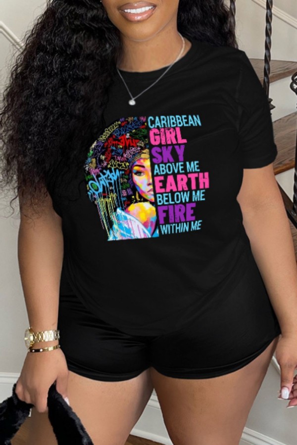 Black Casual Print Basic O Neck T-Shirts