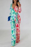 Green Red Casual Print Patchwork Frenulum V Neck Regular Jumpsuits