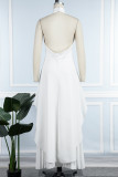 White Casual Street Elegant Solid Backless Flounce Fold Halter Sleeveless Two Pieces