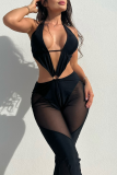 Black Sexy Solid Metal Accessories Decoration Backless Mesh Halter Skinny Jumpsuits