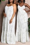 Blue Sexy Casual Print Backless Spaghetti Strap Long Dress Dresses