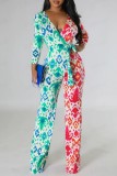 Green Red Casual Print Patchwork Frenulum V Neck Regular Jumpsuits