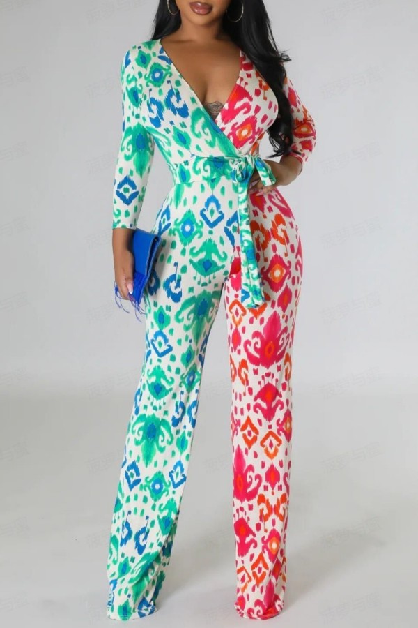 Green Red Casual Print Patchwork Frenulum V Neck Regular Jumpsuits