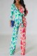 Green Red Casual Print Patchwork Frenulum V Neck Regular Jumpsuits