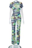 Green Casual Print Patchwork O Neck Short Sleeve Two Pieces