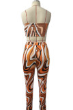 Orange Sexy Print Patchwork Fold Strapless Sleeveless Two Pieces