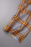 Orange Casual Work Elegant Plaid Print Patchwork Shirt Collar Skinny Jumpsuits