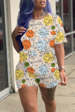 Deep Blue Casual Print Patchwork O Neck Short Sleeve Two Pieces