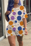 Deep Blue Casual Print Patchwork O Neck Short Sleeve Two Pieces