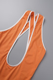 Orange Sexy Casual Solid Hollowed Out Backless V Neck Skinny Jumpsuits