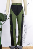 Green Casual Patchwork Contrast Skinny High Waist Speaker Patchwork Trousers
