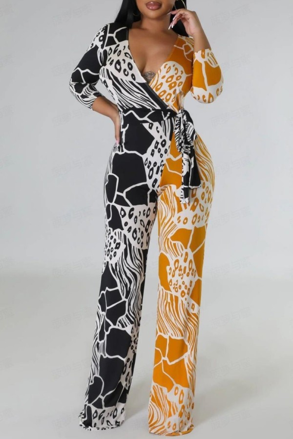 Black Yellow Casual Print Patchwork Frenulum V Neck Regular Jumpsuits