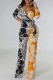 Black Yellow Casual Print Patchwork Frenulum V Neck Regular Jumpsuits