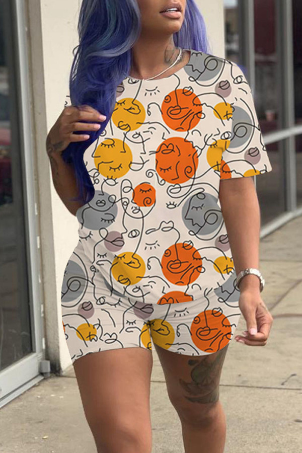 Orange Gray Casual Print Patchwork O Neck Short Sleeve Two Pieces