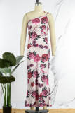 Champagne Sexy Print Backless Oblique Collar Long Dress Dresses