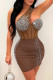 Khaki Sexy Patchwork Hot Drilling Backless Oblique Collar Sleeveless Dress Dresses