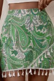 Green Casual Print Tassel Patchwork Regular High Waist Conventional Patchwork Shorts