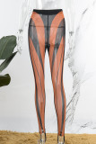 Khaki Casual Street Sportswear Striped See-through Skinny Mid Waist Pencil Positioning Print Bottoms