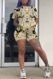 Multicolor Casual Print Basic O Neck Short Sleeve Two Pieces