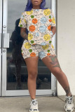 Deep Blue Casual Print Patchwork O Neck Short Sleeve Two Pieces