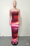 Red Sexy Casual Print Backless Slit Strapless Long Dress Dresses