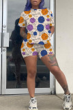 Deep Blue Casual Print Patchwork O Neck Short Sleeve Two Pieces