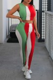 Multicolor Casual Patchwork Contrast O Neck Sleeveless Two Pieces