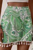 Green Casual Print Tassel Patchwork Regular High Waist Conventional Patchwork Shorts