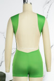 Green Casual Print Backless O Neck Skinny Romper