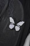 Black Sexy Butterfly Patchwork See-through Backless O Neck Long Sleeve Dresses