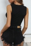 Black Sexy Casual Solid Hollowed Out Frenulum O Neck Tops