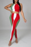 Multicolor Casual Patchwork Contrast O Neck Sleeveless Two Pieces