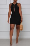 Orange Red Sexy Casual Solid Hollowed Out Fold O Neck Sleeveless Dress Dresses