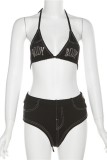 Black Sexy Embroidery Bandage Patchwork Backless Swimwears (Without Paddings)