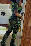 Green Casual Print Patchwork O Neck Short Sleeve Two Pieces